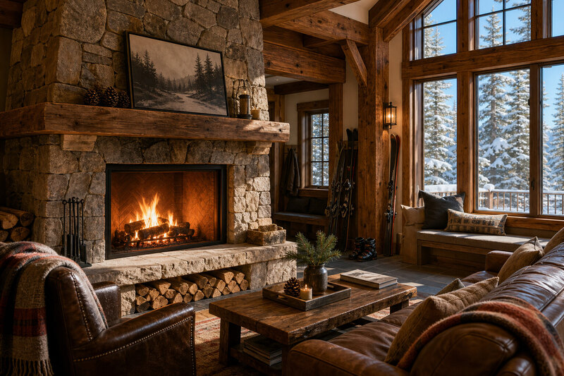 Cozy Tahoe City ski lodge lounge with fireplace and lake-view windows