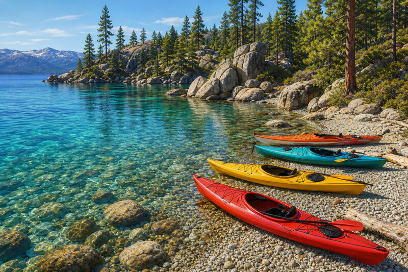 Kayaks pulled onto the shoreline at Lake Tahoe near Tahoe City