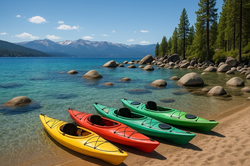 Kayaks pulled onto the shoreline at Lake Tahoe near Tahoe City