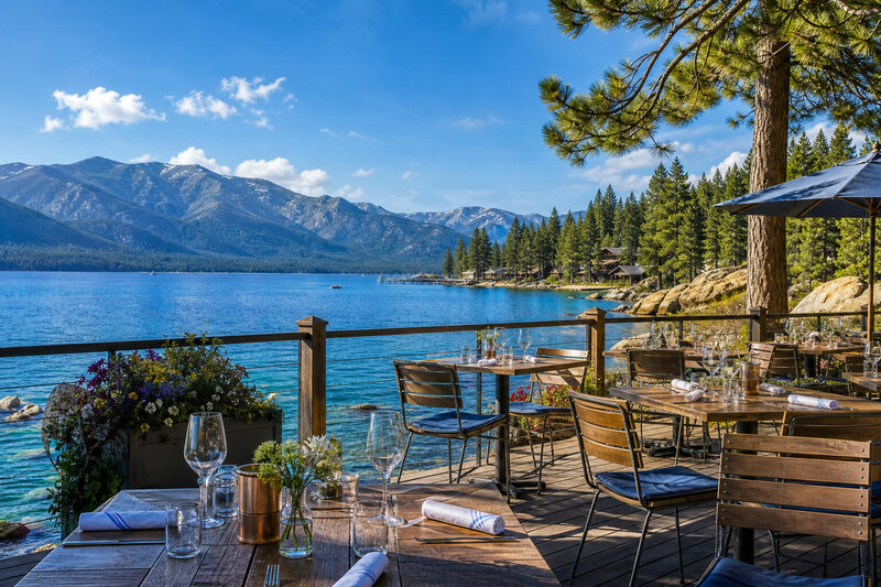 An outdoor table overlooking Lake Tahoe