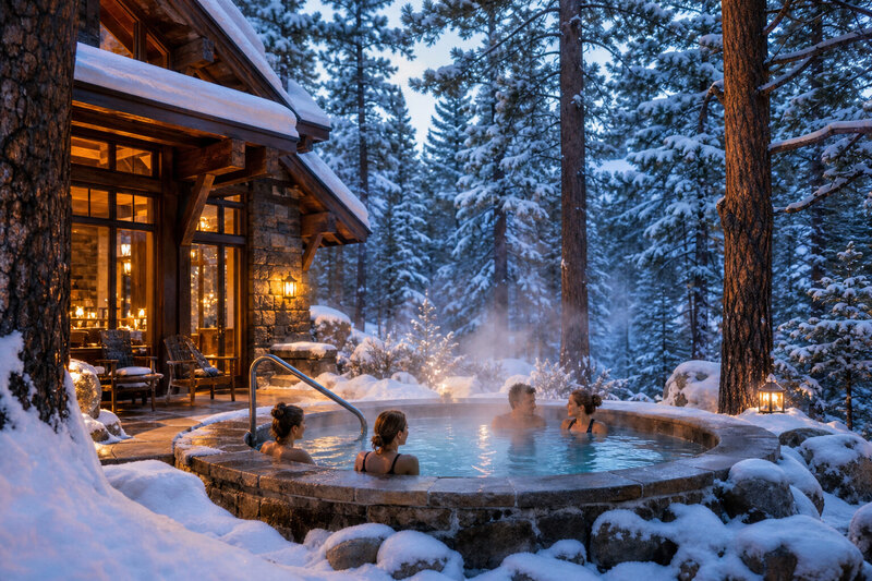 Outdoor hot tub at a snowy North Lake Tahoe lodge