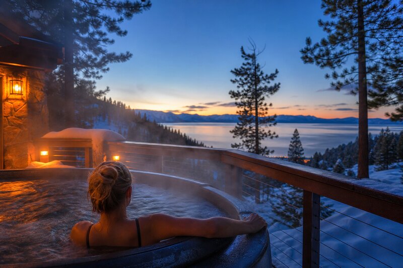 Outdoor hot tub at a snowy North Lake Tahoe lodge