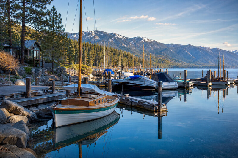 Tahoe City marina and lakefront near waterfront dining