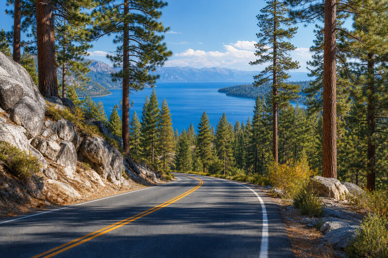 Highway approach through the Sierra near Tahoe City