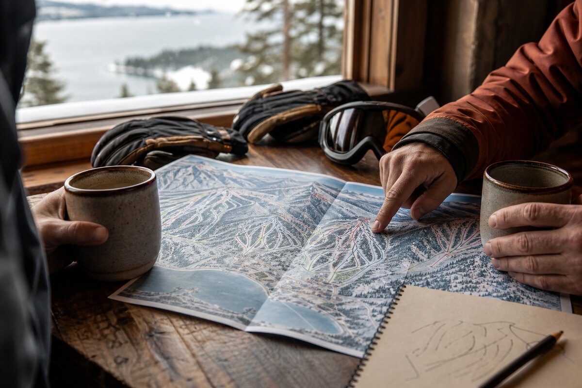 Hands planning a Tahoe City ski day with a multi-resort trail map