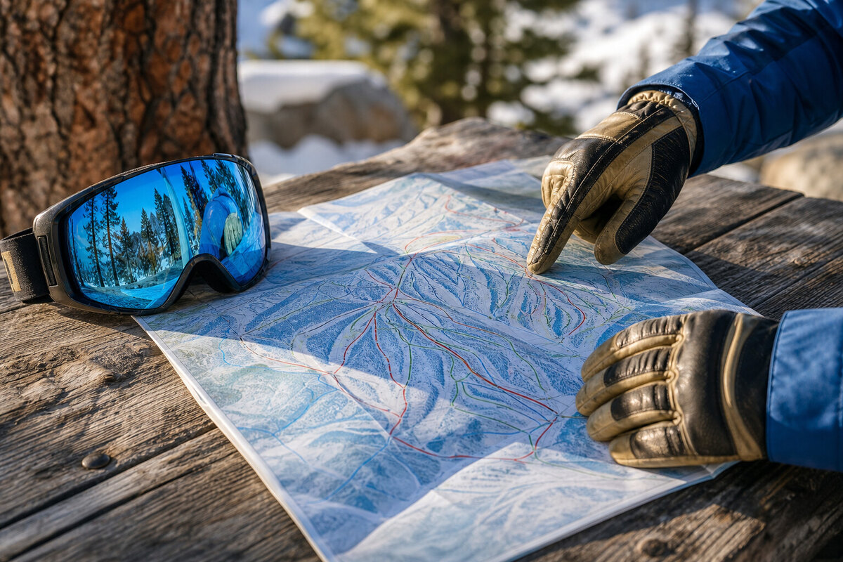 Hands planning a Tahoe City ski day with a multi-resort trail map