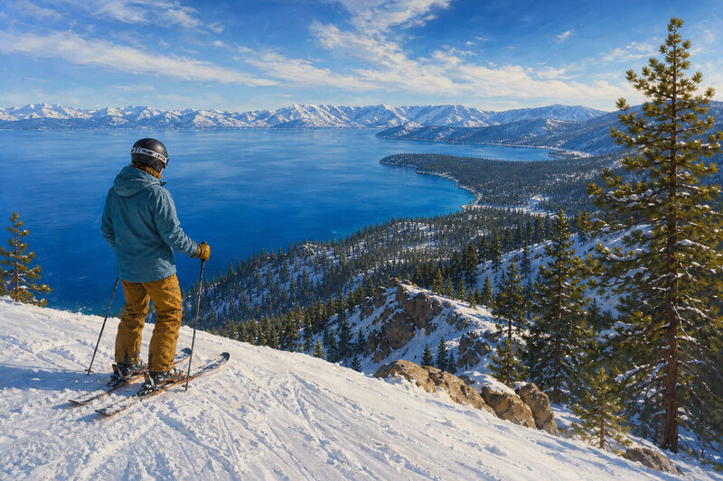 Snowy ski overlook above Lake Tahoe