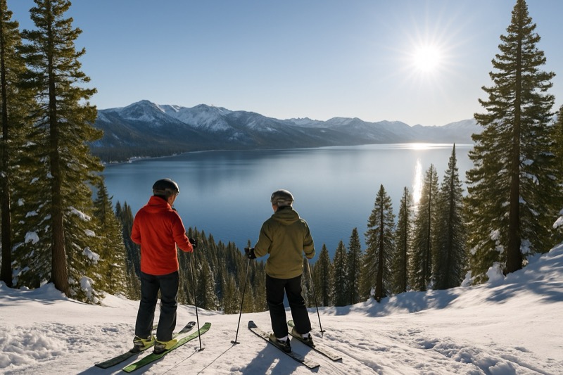 Snowy ski overlook above Lake Tahoe