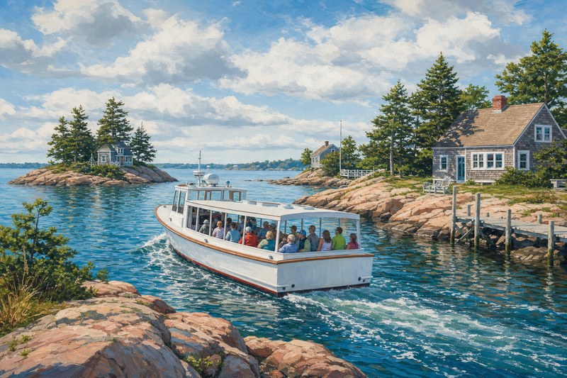 Small tour boat passing granite islands and cottages in the Thimble Islands