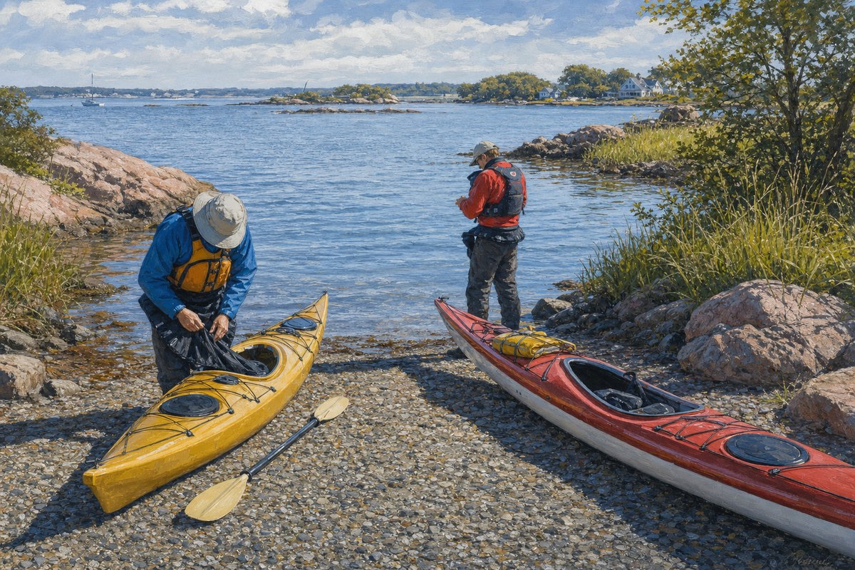 Sea kayaks preparing to launch near Stony Creek and the Thimble Islands