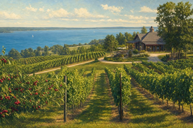 Vineyard rows and Grand Traverse Bay on Old Mission Peninsula