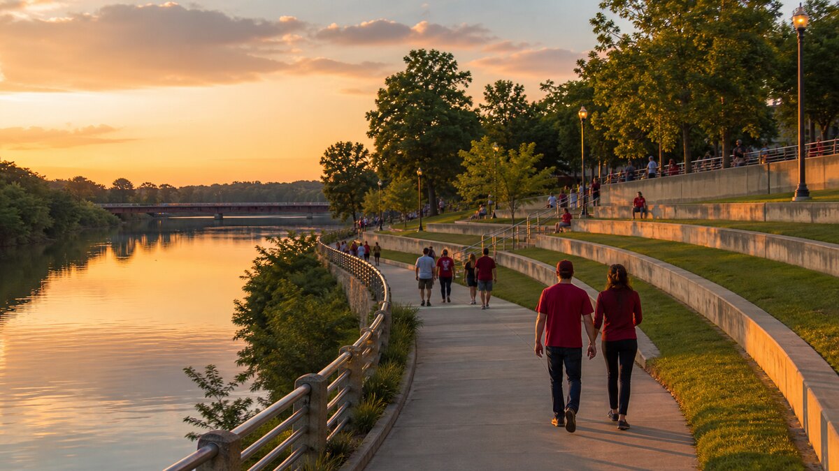 Black Warrior Riverwalk at golden hour after an Alabama football game in Tuscaloosa