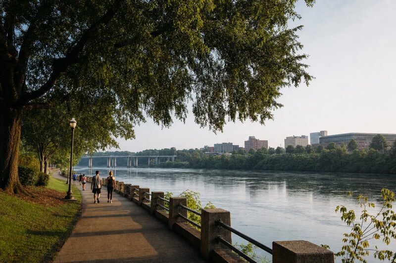Contextual morning view along a wooded West Alabama riverfront
