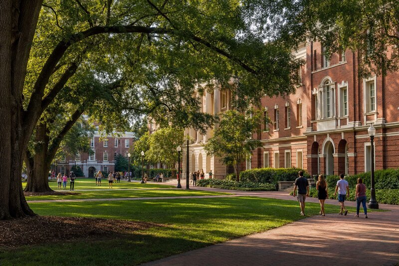 Contextual tree-lined college campus scene in Tuscaloosa