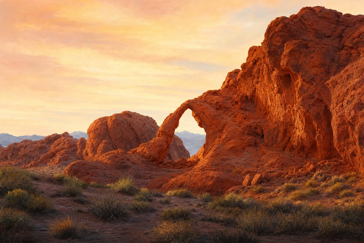 A delicate sandstone arch in warm desert light