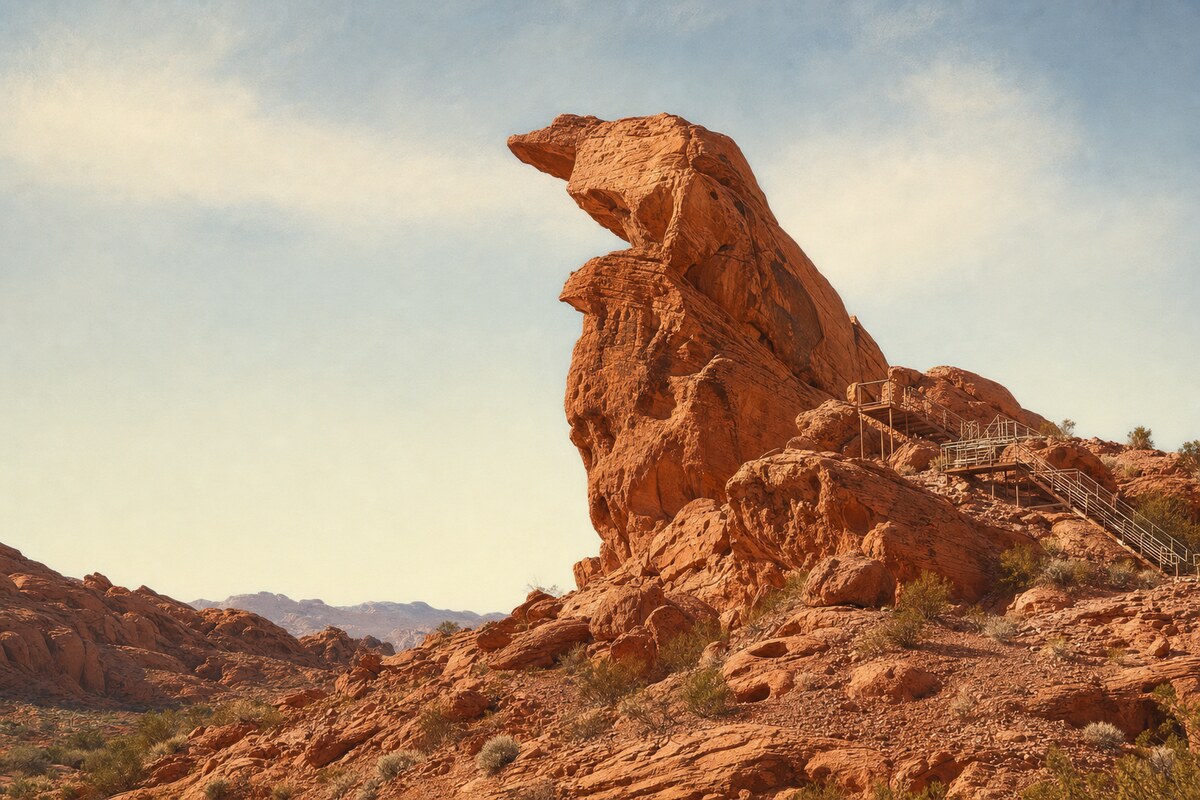 Red sandstone outcrop beside a developed park stop