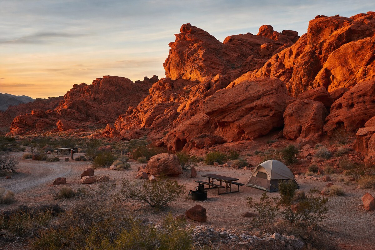 Campground among red sandstone at Valley of Fire