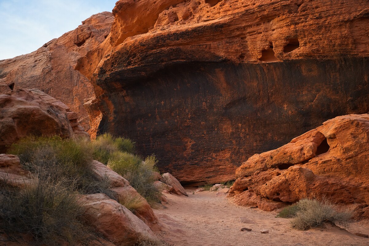 Dark desert varnish on sandstone walls in Valley of Fire