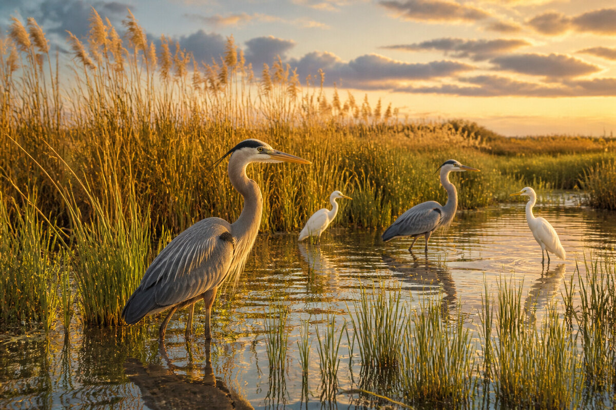 Herons and waterfowl in Back Bay marsh