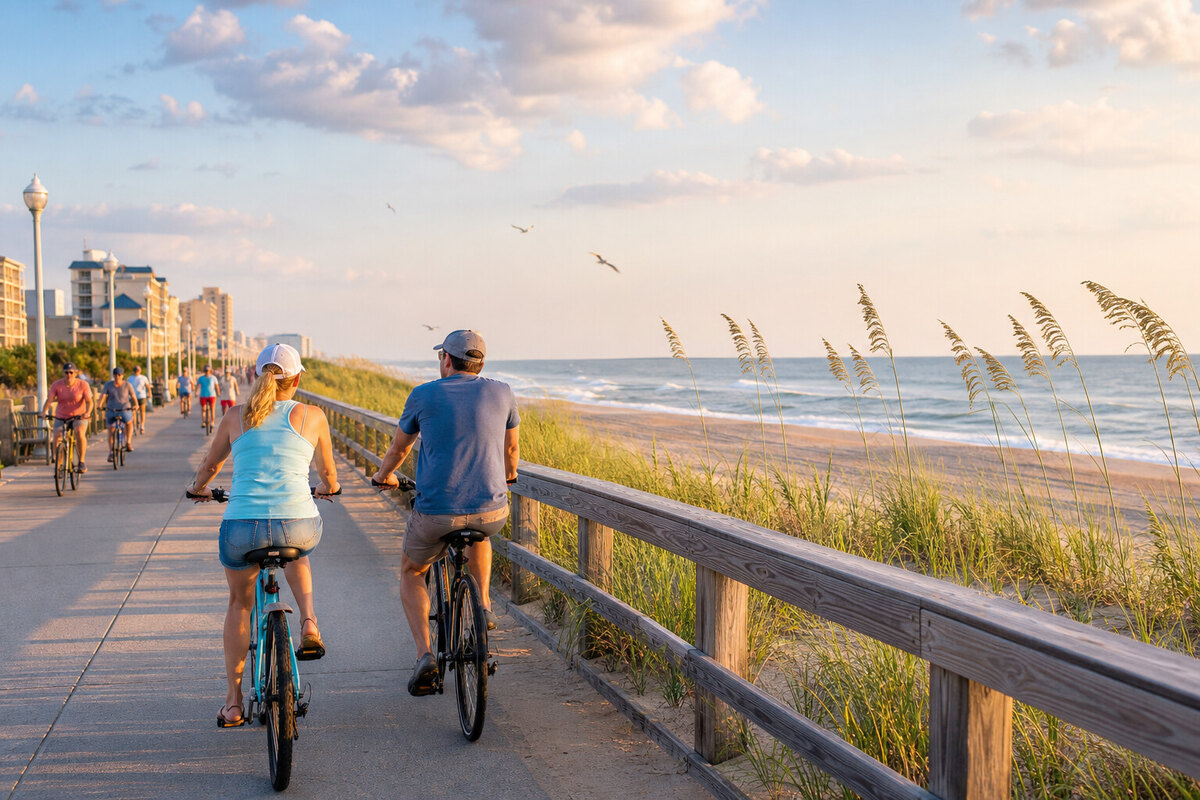 Cyclists using the separate Virginia Beach boardwalk bike path beside the Atlantic