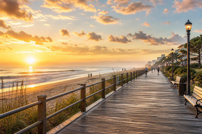 Virginia Beach boardwalk and Atlantic surf in morning light