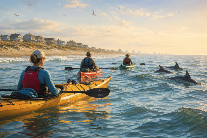 Kayakers and dolphin-watching boats off Virginia Beach