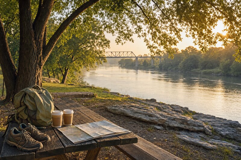 Coffee, walking shoes, and a daypack beside the Brazos River in Waco