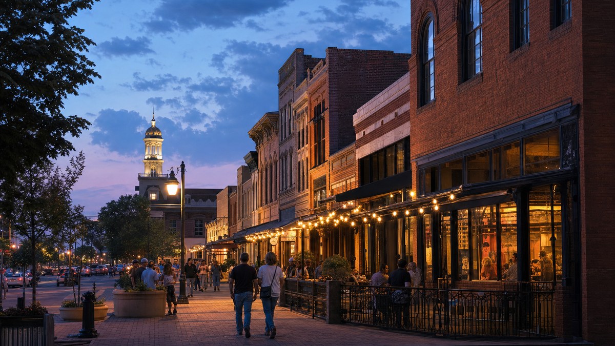 Downtown Waco restaurants and street lights at blue hour