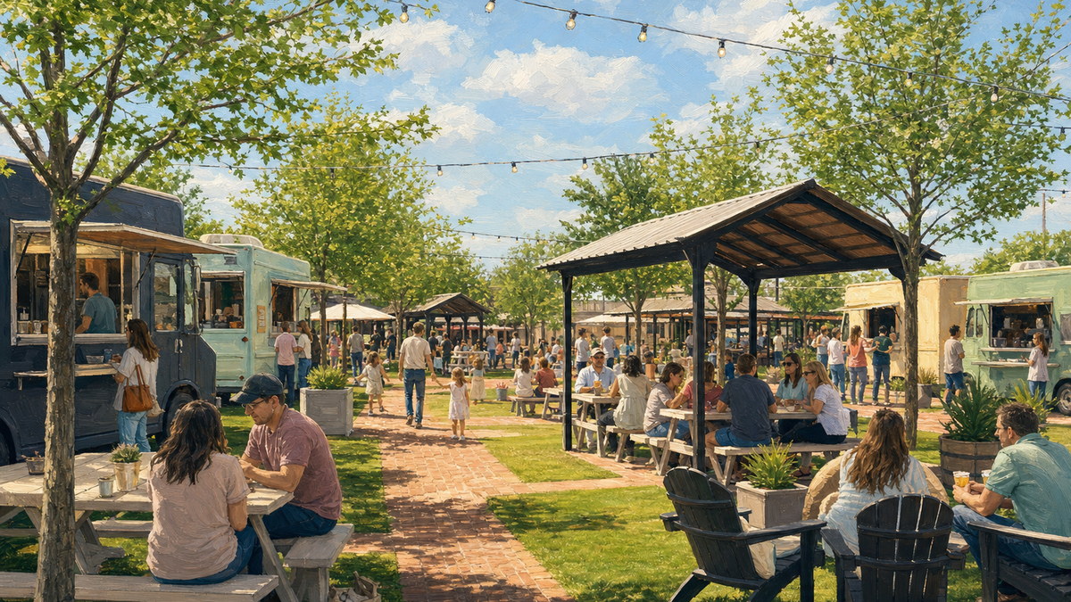 Food trucks and shaded outdoor seating for a Waco visit