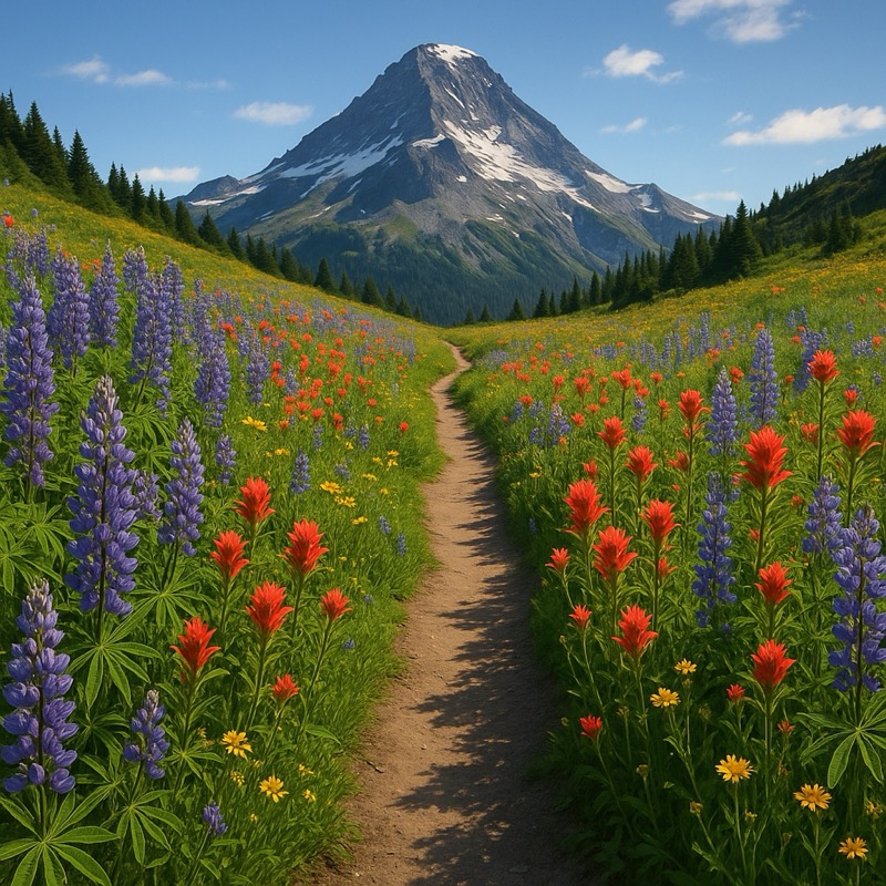 Alpine trail and wildflowers near Whitefish