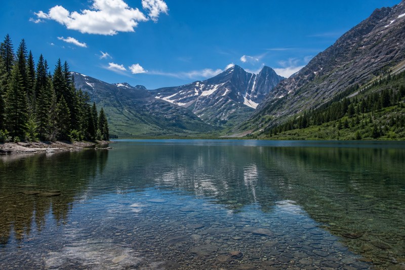 Clear alpine lake and mountain peaks in Glacier National Park