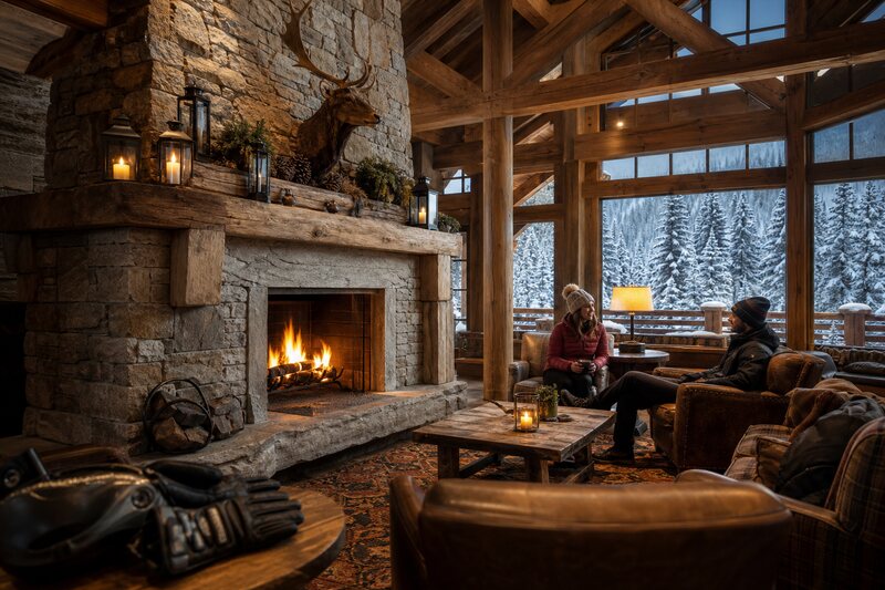 Cozy Whitefish ski lodge lounge with fireplace
