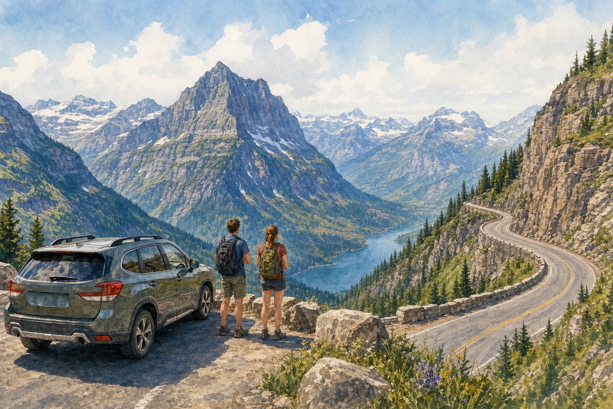 Watercolor illustration of Glacier road timing and Whitefish gateway planning