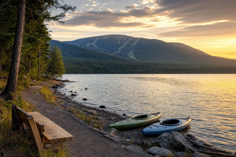 Kayaks and a bench beside Whitefish Lake at sunset