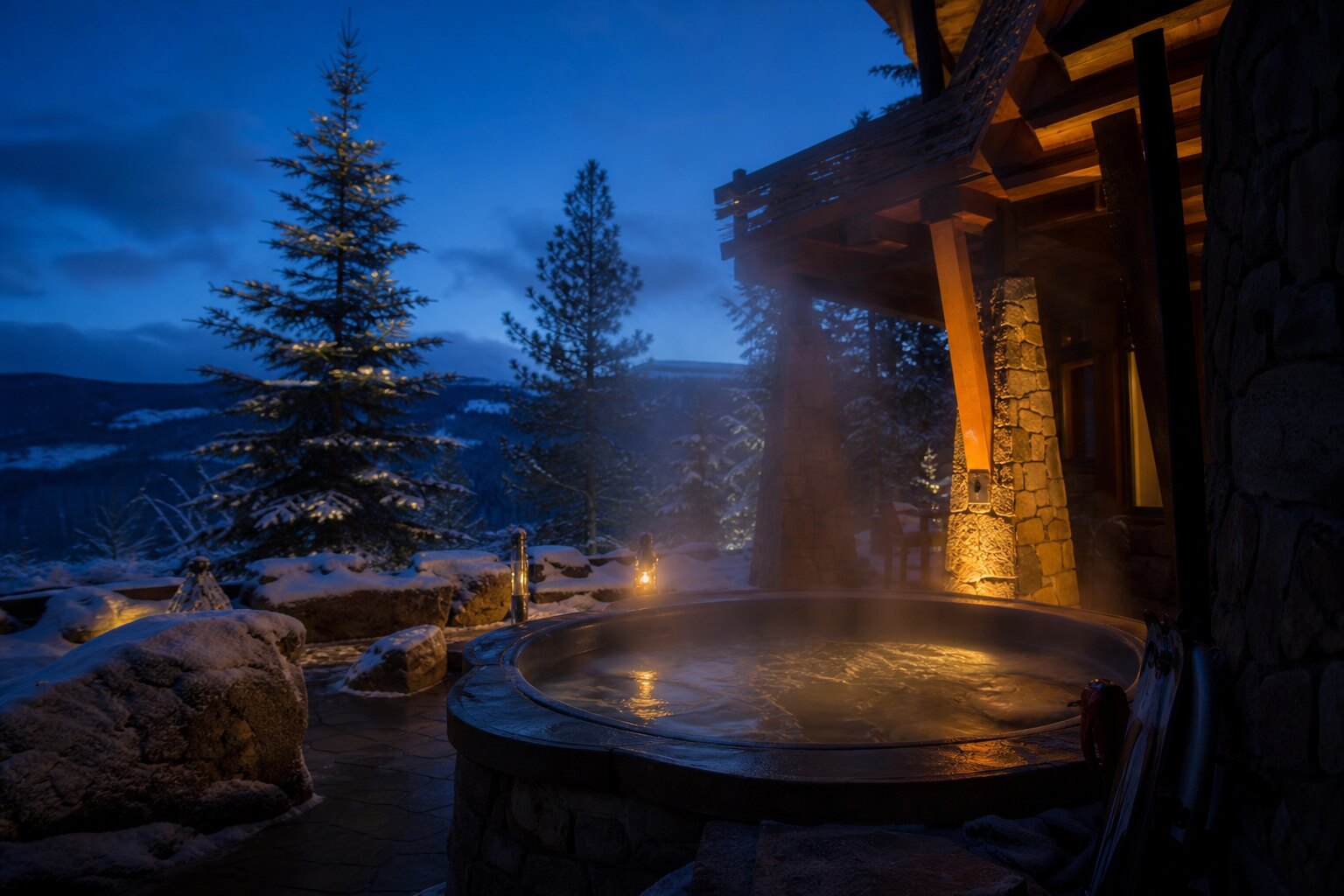 Snowy outdoor hot tub at a Whitefish mountain lodge