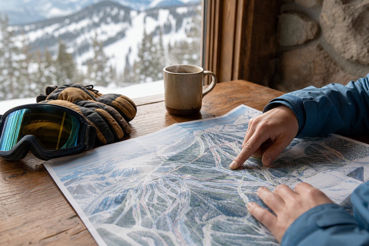 Hands planning a Whitefish ski day with trail map, goggles, and coffee
