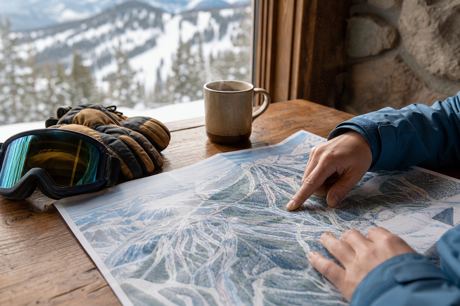 Hands planning a Whitefish ski day with trail map, goggles, and coffee