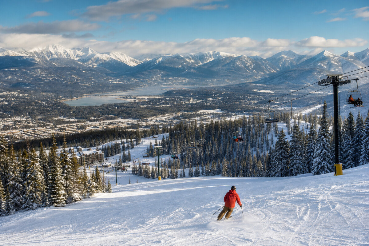 Snowy Whitefish ski slopes with evergreen trees and mountain views