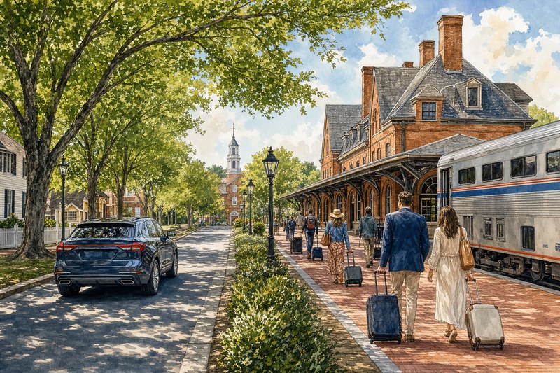 Watercolor road and train arrival choices in Williamsburg Virginia
