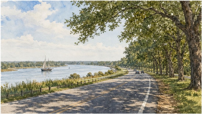 Watercolor road approach into Williamsburg Virginia