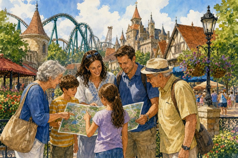 Watercolor multigenerational family planning a Busch Gardens day