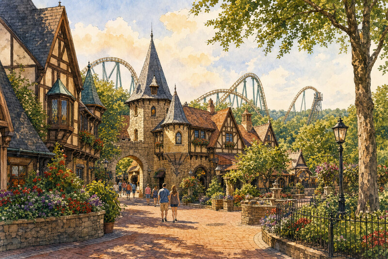 Watercolor family scene near Busch Gardens Williamsburg