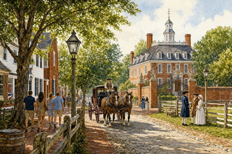 Watercolor view of the Colonial Parkway between Williamsburg, Jamestown, and Yorktown