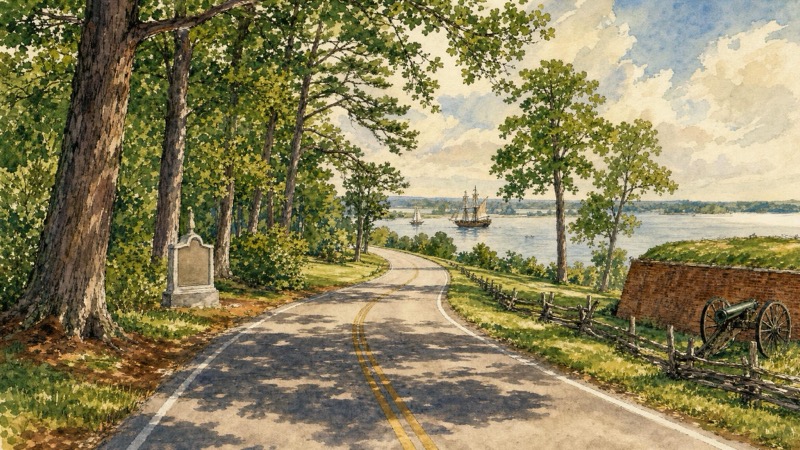 Watercolor view of the Colonial Parkway between Williamsburg, Jamestown, and Yorktown