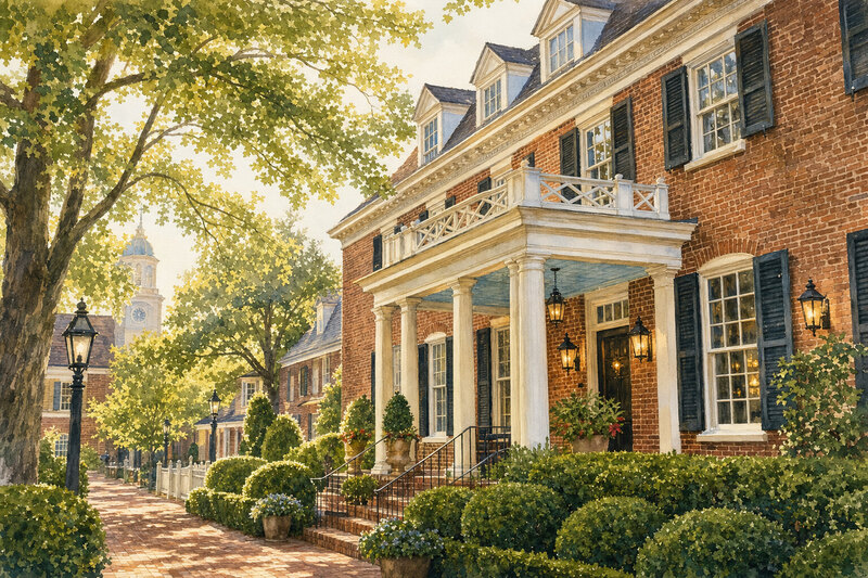 Watercolor historic hotel near Colonial Williamsburg
