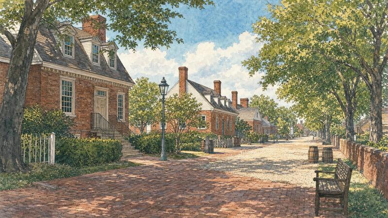 Watercolor morning street scene in Colonial Williamsburg
