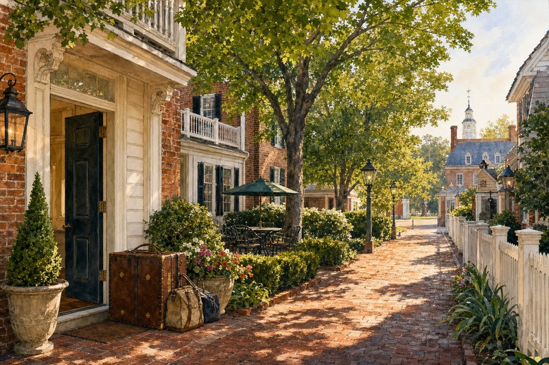 Watercolor inn courtyard near Colonial Williamsburg