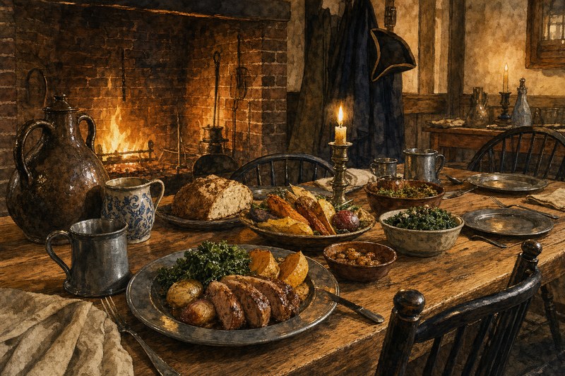Watercolor Colonial Williamsburg tavern table and hearth