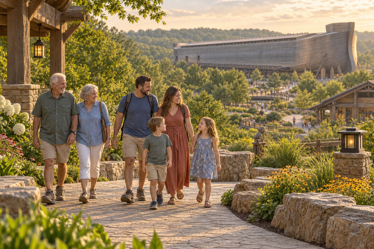 Painterly landscaped Ark Encounter grounds in late afternoon