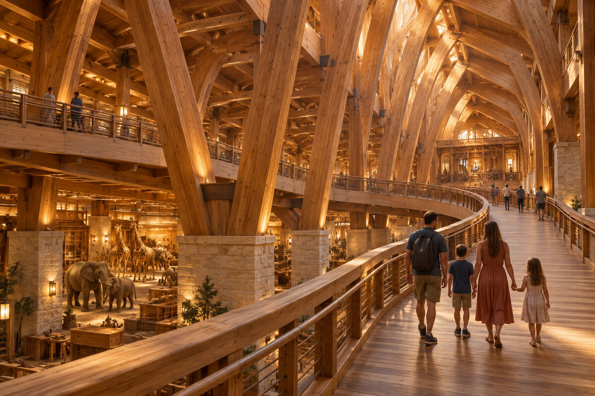 Painterly timber ramps and beams inside a large Ark-inspired exhibit